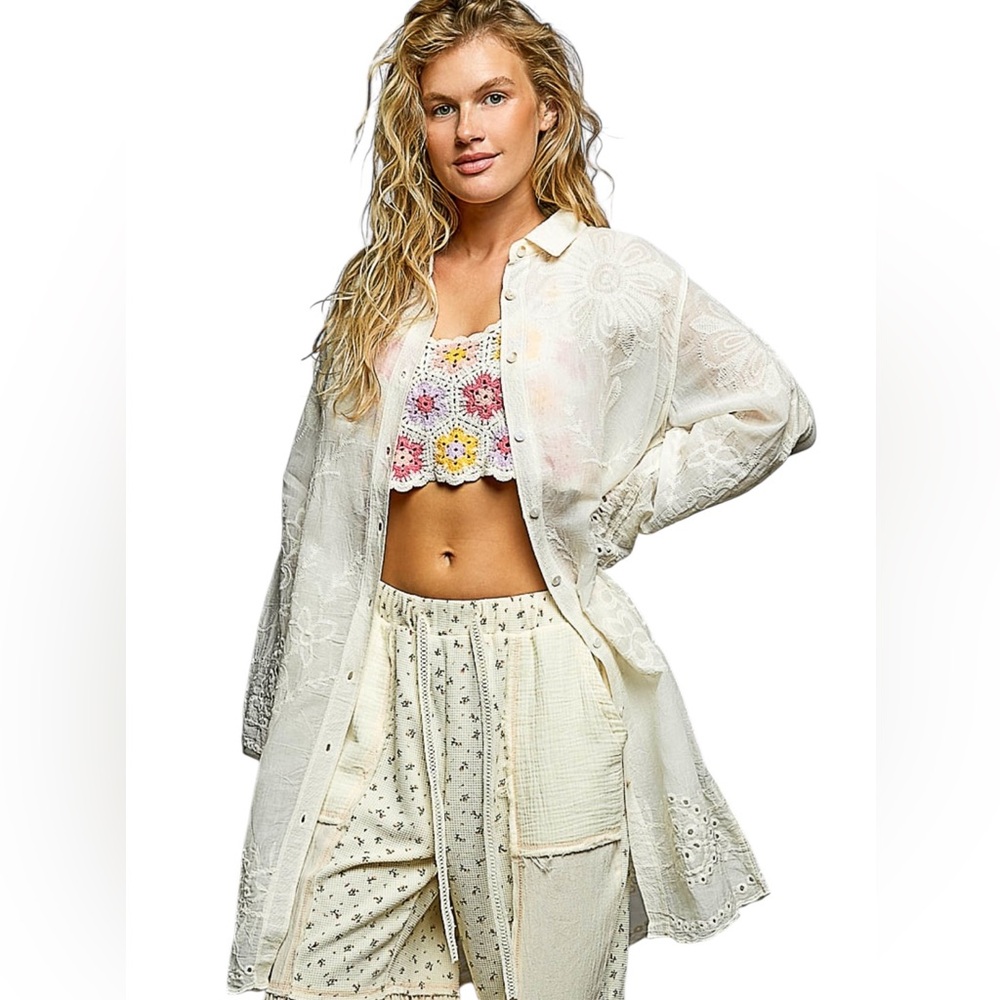 POL IVORY EMBROIDERED Long Sleeve Button up Cotton Shacket